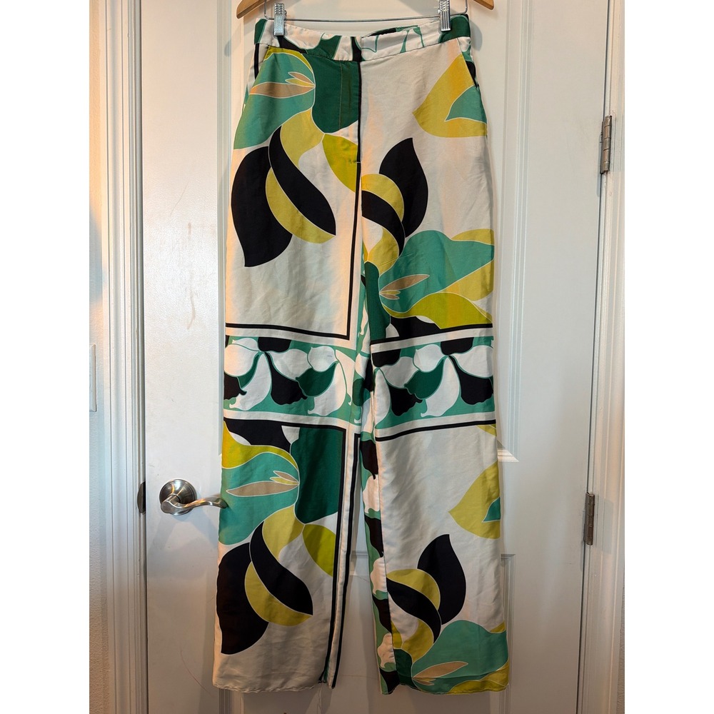 Zara Floral Abstract Print Wide Leg Satin Pants Green Yellow Size Medium